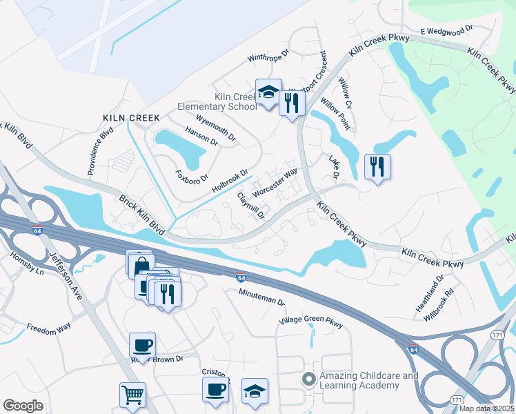 map of restaurants, bars, coffee shops, grocery stores, and more near 2258 New Kent Court in Newport News