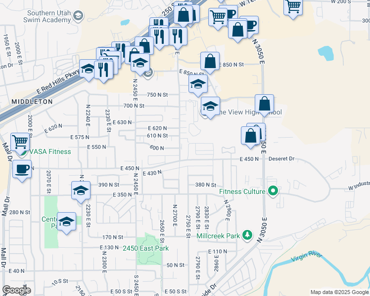 map of restaurants, bars, coffee shops, grocery stores, and more near 600 2720 East Street in St. George