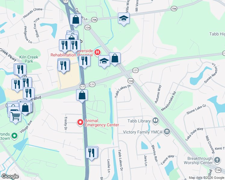 map of restaurants, bars, coffee shops, grocery stores, and more near 300 Tabb Lakes Drive in Yorktown