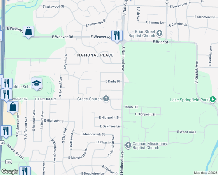map of restaurants, bars, coffee shops, grocery stores, and more near 1115 East Westchester Drive in Springfield