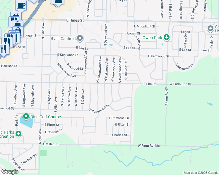 map of restaurants, bars, coffee shops, grocery stores, and more near 105-107 South Oakwood Avenue in Republic