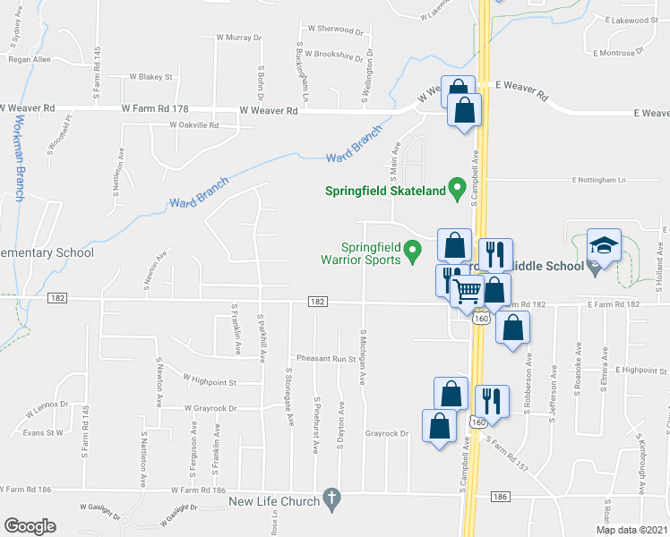 map of restaurants, bars, coffee shops, grocery stores, and more near 851 West Farm Road 182 in Springfield