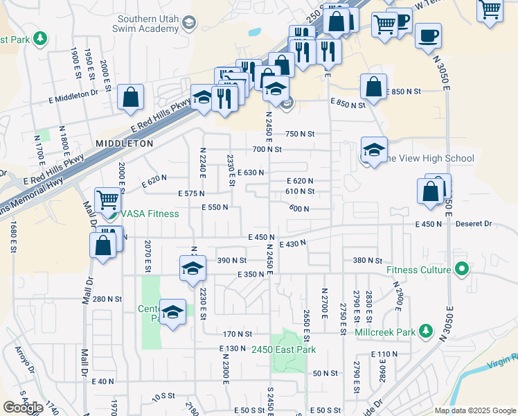map of restaurants, bars, coffee shops, grocery stores, and more near 595 North 2450 East in St. George