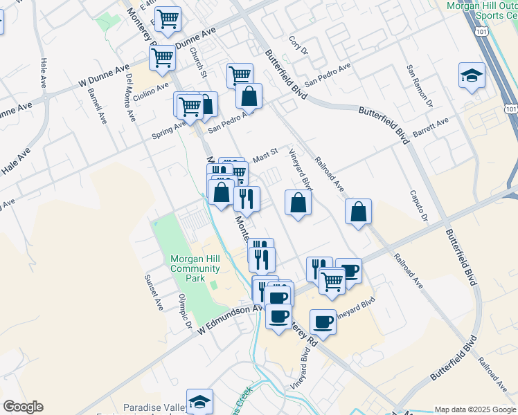 map of restaurants, bars, coffee shops, grocery stores, and more near 141a Barrett Avenue in Morgan Hill