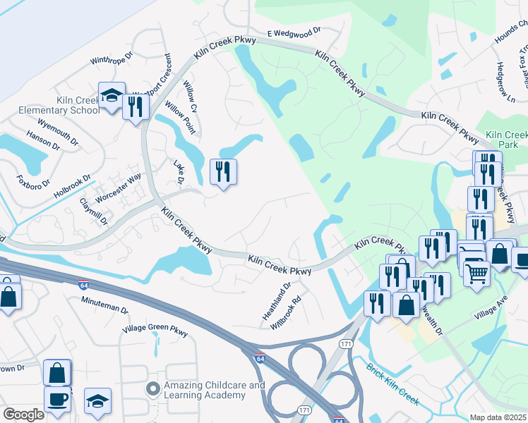 map of restaurants, bars, coffee shops, grocery stores, and more near 952 Drivers Lane in Newport News