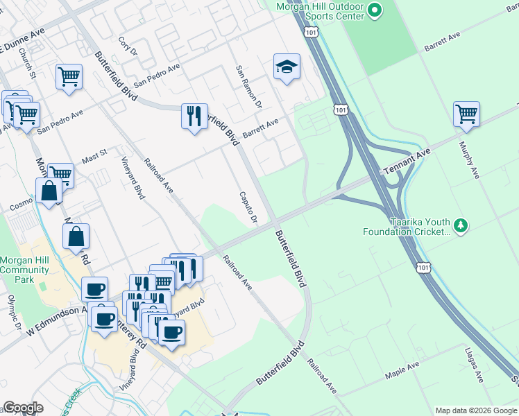 map of restaurants, bars, coffee shops, grocery stores, and more near 16020 Caputo Drive in Morgan Hill