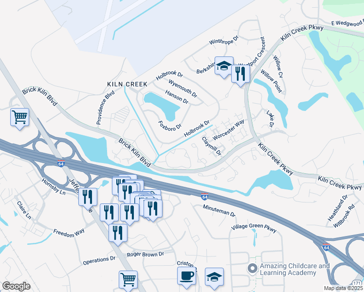 map of restaurants, bars, coffee shops, grocery stores, and more near 711 Windbrook Circle in Newport News