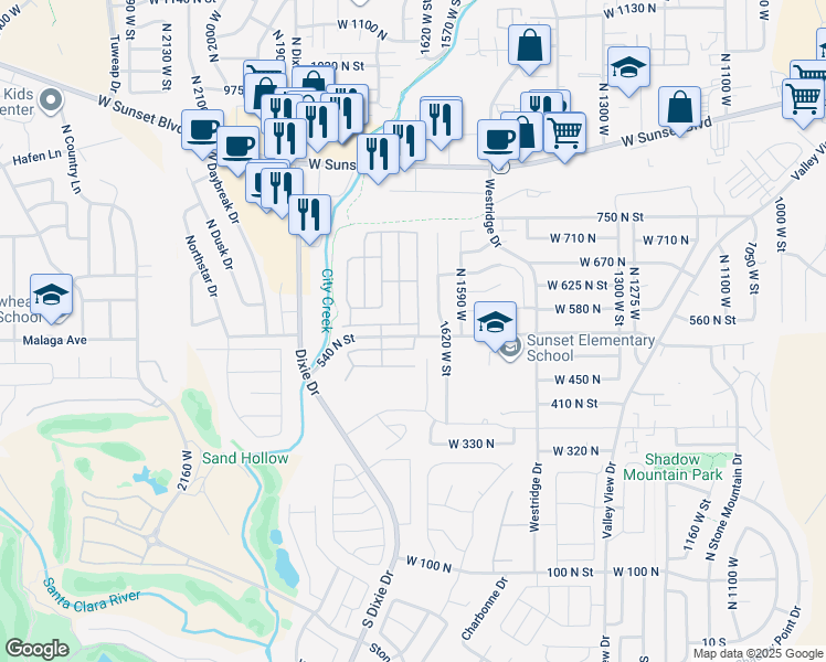 map of restaurants, bars, coffee shops, grocery stores, and more near 1732 West 540 North in St. George