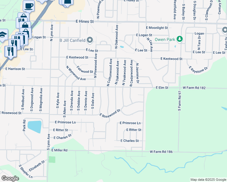map of restaurants, bars, coffee shops, grocery stores, and more near 105 South Oakwood Avenue in Republic