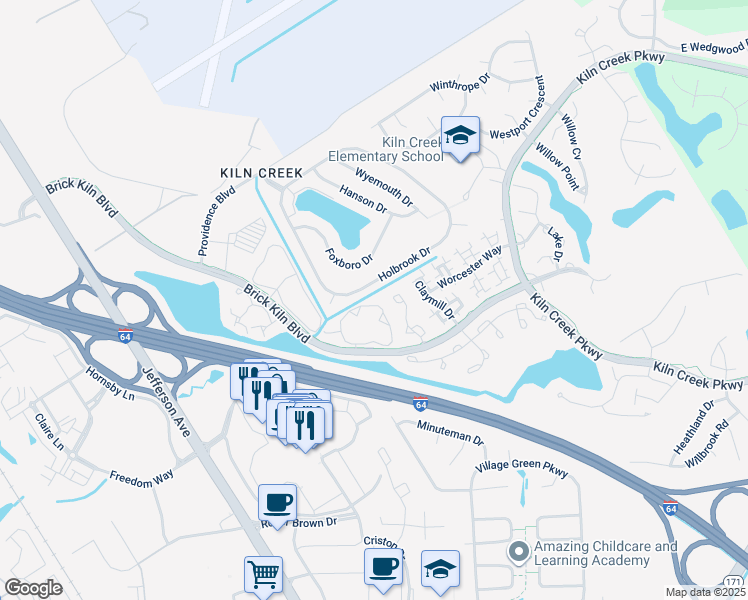 map of restaurants, bars, coffee shops, grocery stores, and more near 711 Windbrook Circle in Newport News