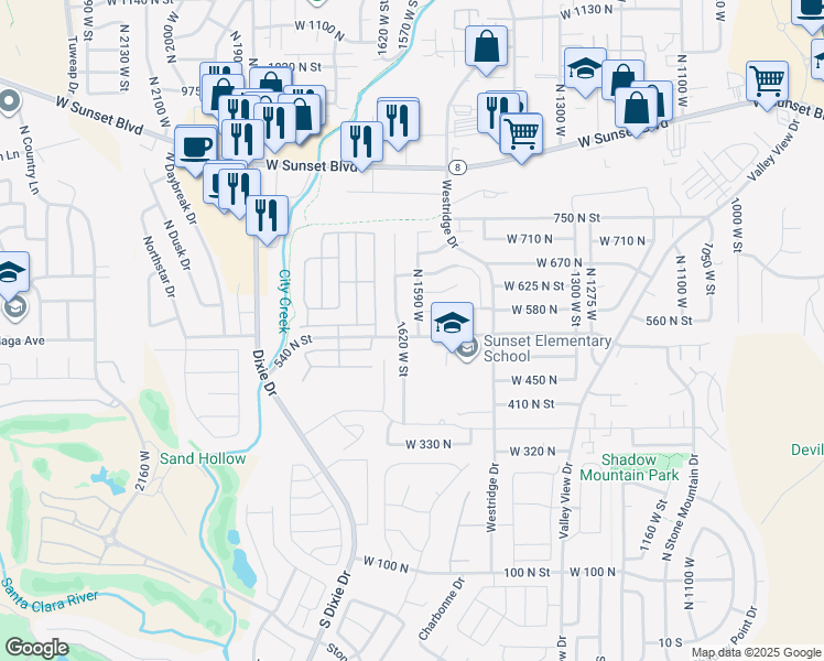 map of restaurants, bars, coffee shops, grocery stores, and more near 547 North 1590 West in St. George