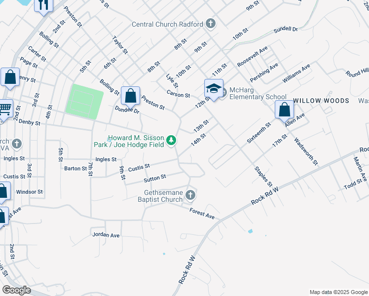 map of restaurants, bars, coffee shops, grocery stores, and more near 800-820 14th Street in Radford