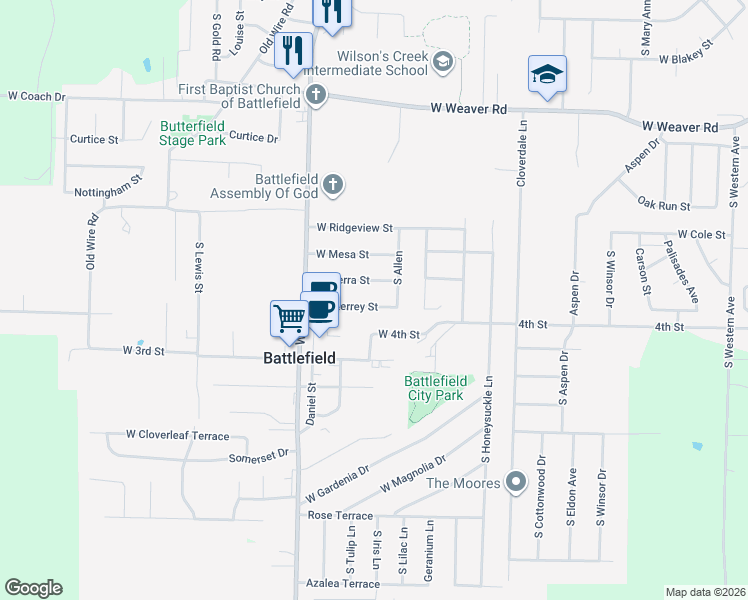 map of restaurants, bars, coffee shops, grocery stores, and more near 4155 West Monterrey Street in Battlefield