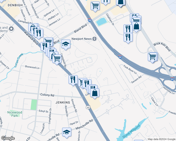 map of restaurants, bars, coffee shops, grocery stores, and more near 407 Savage Drive in Newport News