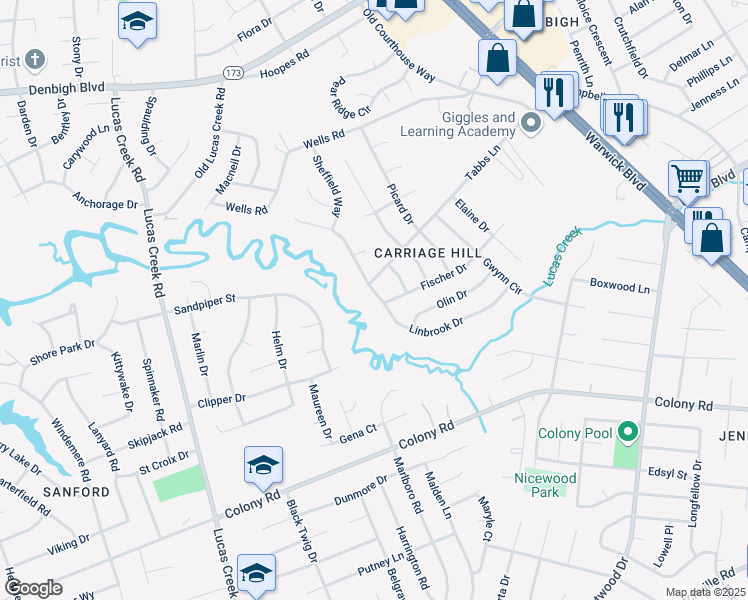 map of restaurants, bars, coffee shops, grocery stores, and more near 155 Linbrook Drive in Newport News