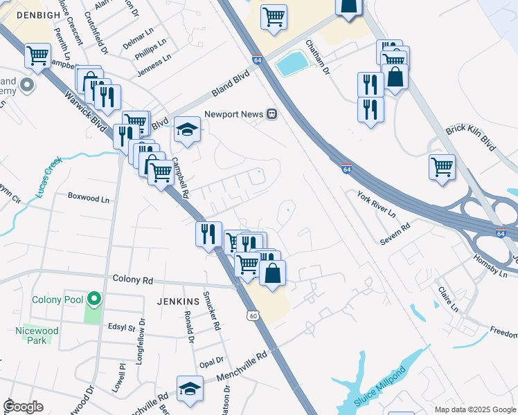 map of restaurants, bars, coffee shops, grocery stores, and more near 405 Savage Drive in Newport News
