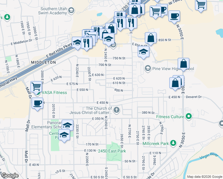 map of restaurants, bars, coffee shops, grocery stores, and more near 500 600 North in St. George