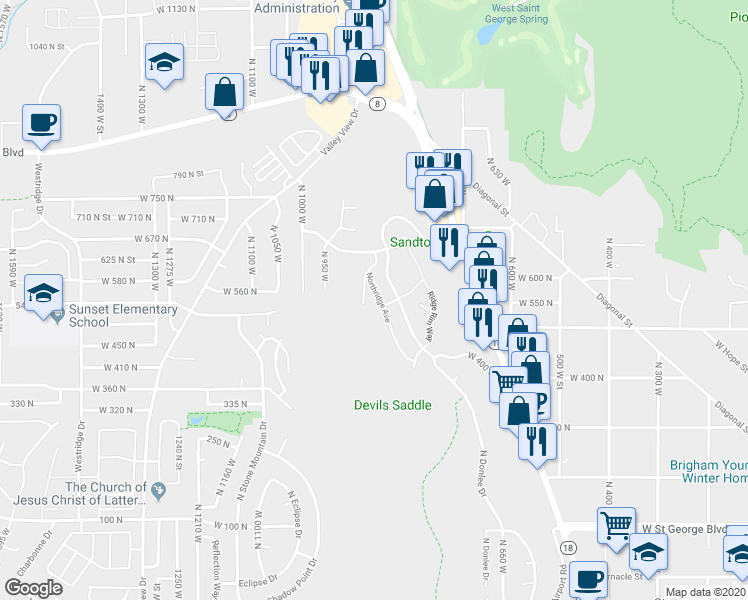 map of restaurants, bars, coffee shops, grocery stores, and more near 544 Ridgecrest Circle in St. George