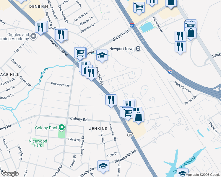 map of restaurants, bars, coffee shops, grocery stores, and more near 408 Britnie Court in Newport News