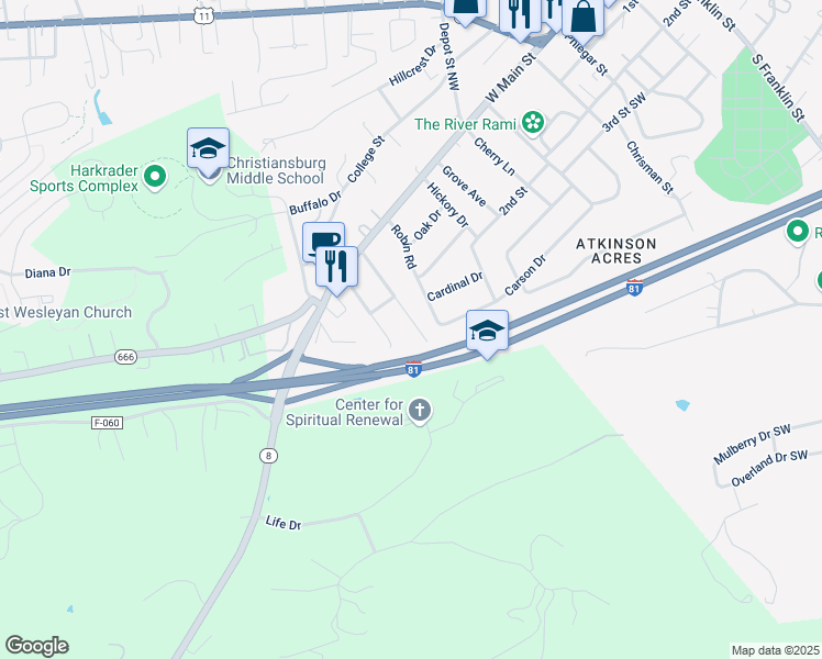 map of restaurants, bars, coffee shops, grocery stores, and more near 355 Auburn Drive in Christiansburg