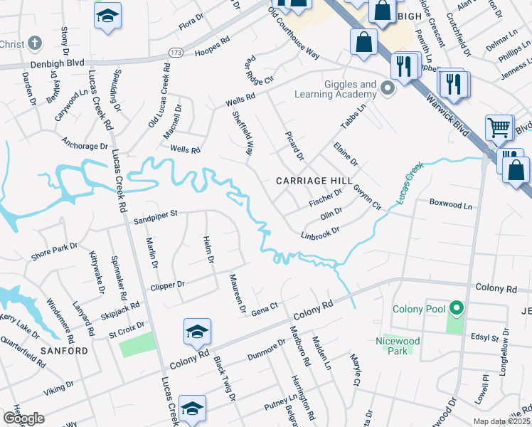 map of restaurants, bars, coffee shops, grocery stores, and more near 155 Linbrook Drive in Newport News
