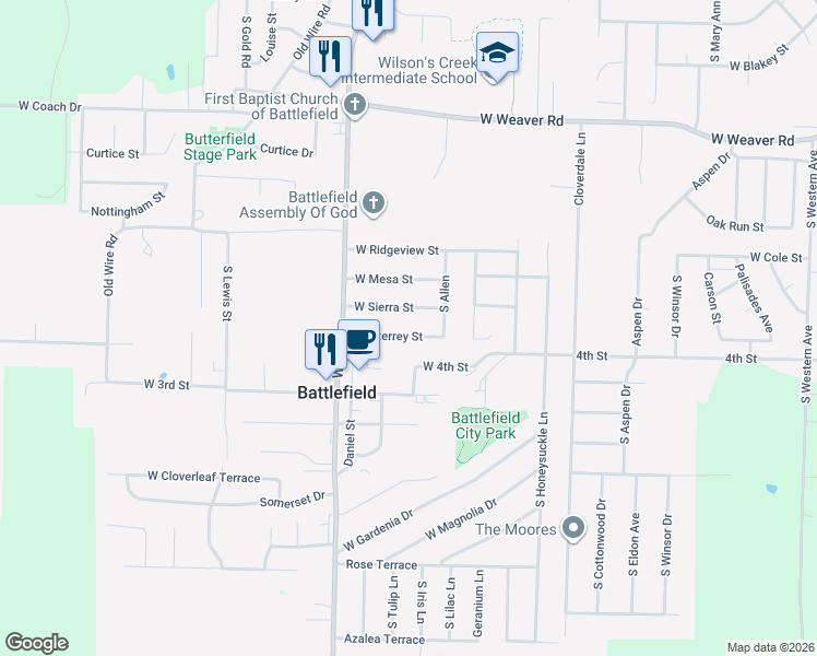 map of restaurants, bars, coffee shops, grocery stores, and more near 4155 West Monterrey Street in Battlefield