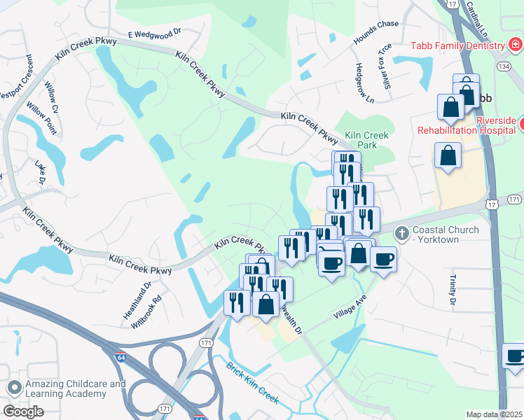 map of restaurants, bars, coffee shops, grocery stores, and more near 203 Fairway Lane in Yorktown