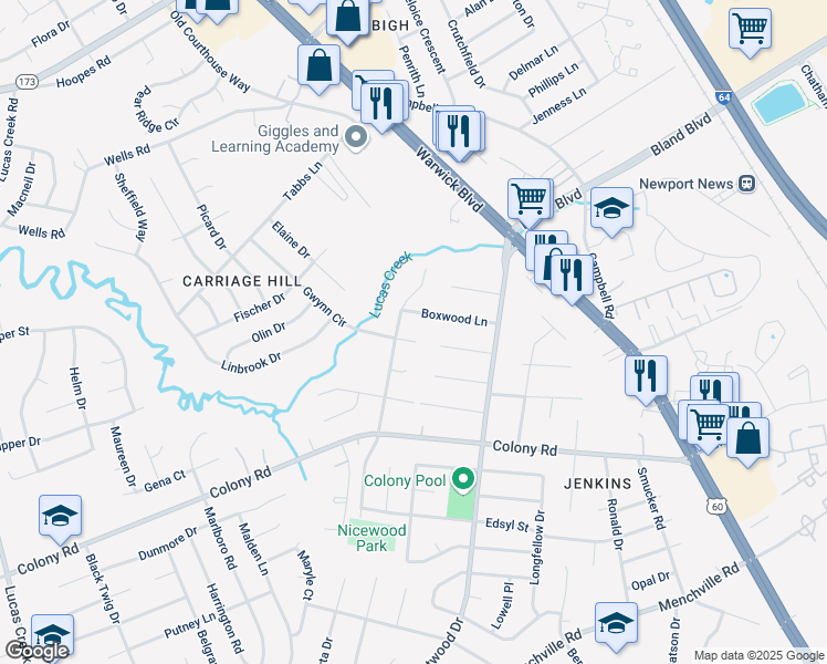 map of restaurants, bars, coffee shops, grocery stores, and more near 6 Gwynn Circle in Newport News