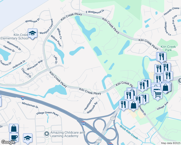 map of restaurants, bars, coffee shops, grocery stores, and more near 808 Vantage Court in Newport News