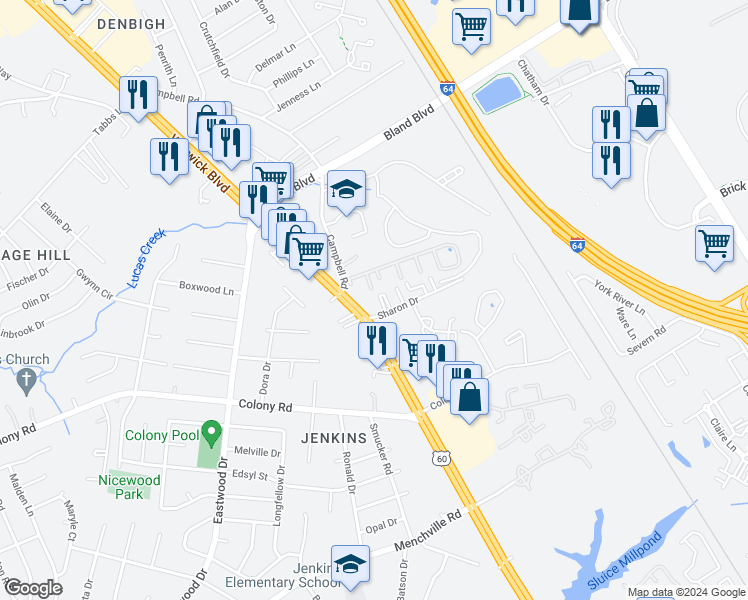 map of restaurants, bars, coffee shops, grocery stores, and more near 420 Britnie Court in Newport News