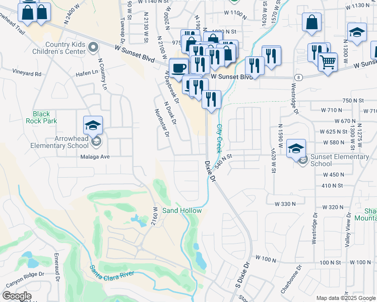 map of restaurants, bars, coffee shops, grocery stores, and more near 545 North Daybreak Drive in St. George