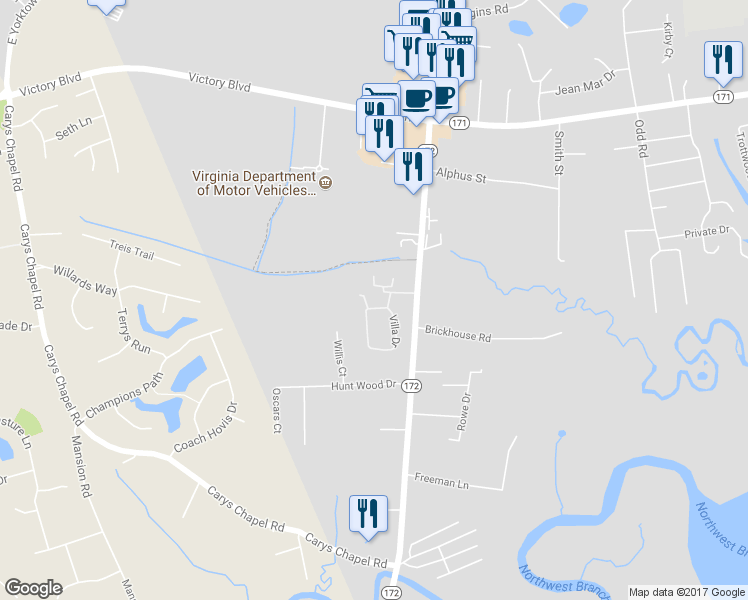 map of restaurants, bars, coffee shops, grocery stores, and more near 106 Villa Drive in Poquoson