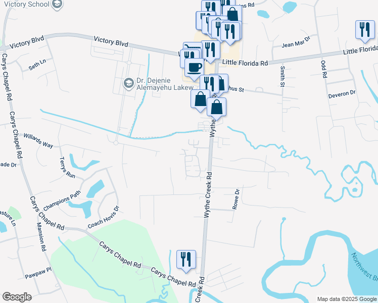 map of restaurants, bars, coffee shops, grocery stores, and more near 106 Villa Drive in Poquoson