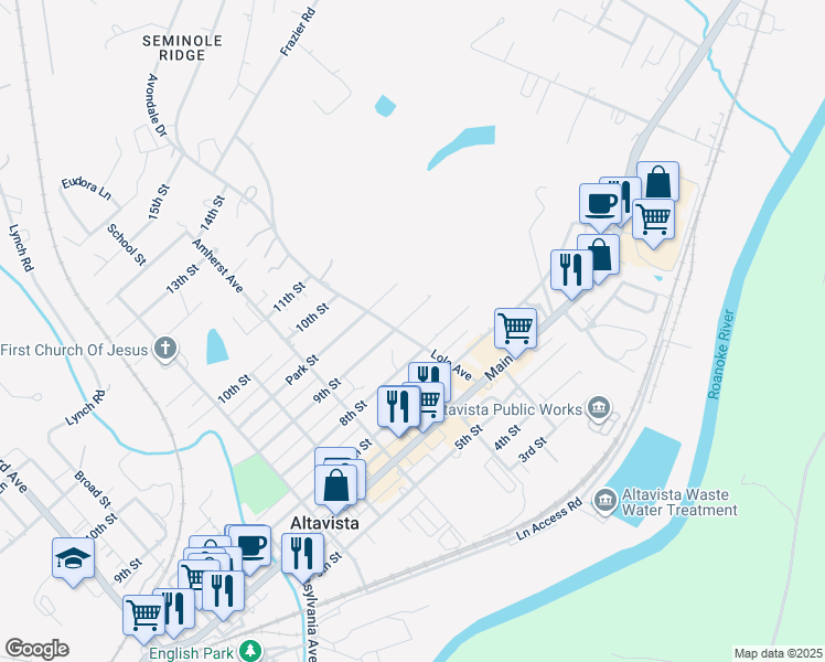 map of restaurants, bars, coffee shops, grocery stores, and more near 805 Lola Avenue in Altavista