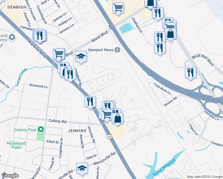 map of restaurants, bars, coffee shops, grocery stores, and more near 405 Savage Drive in Newport News
