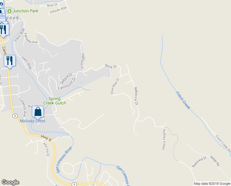 map of restaurants, bars, coffee shops, grocery stores, and more near 850 Elsie Mae Drive in Boulder Creek