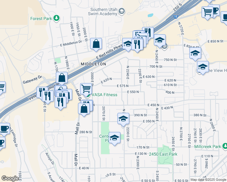 map of restaurants, bars, coffee shops, grocery stores, and more near 2129 East 550 North in St. George