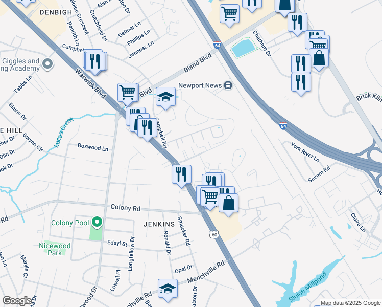 map of restaurants, bars, coffee shops, grocery stores, and more near 520 Genneys Way in Newport News