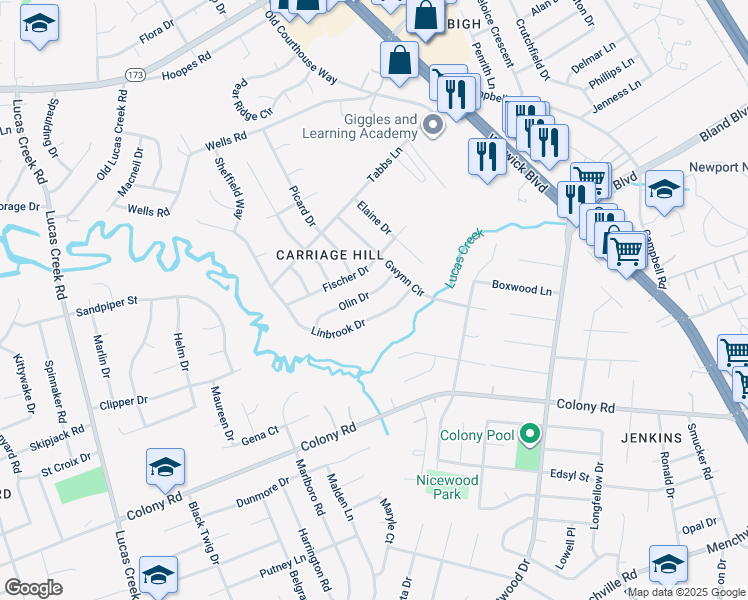 map of restaurants, bars, coffee shops, grocery stores, and more near 111 Olin Drive in Newport News