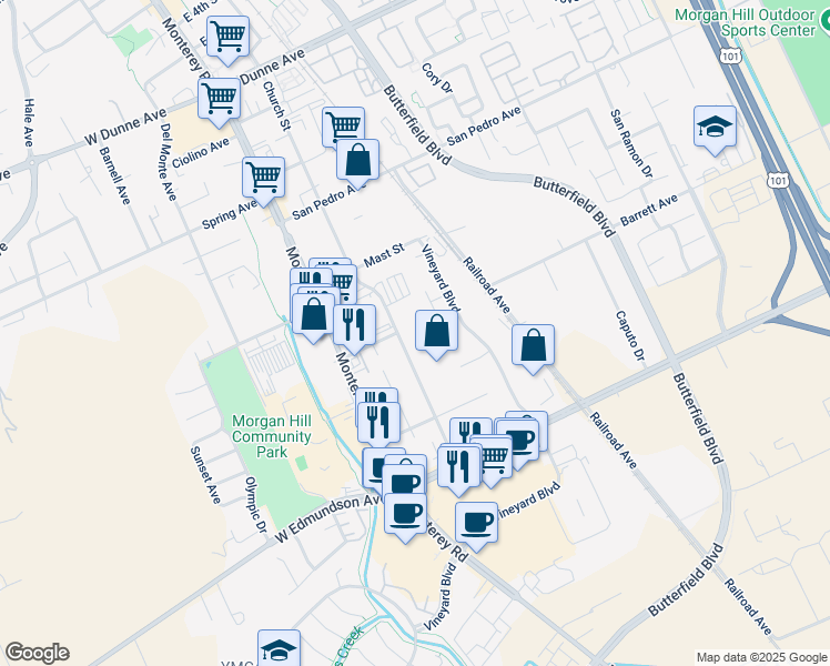 map of restaurants, bars, coffee shops, grocery stores, and more near 16264 Church Street in Morgan Hill