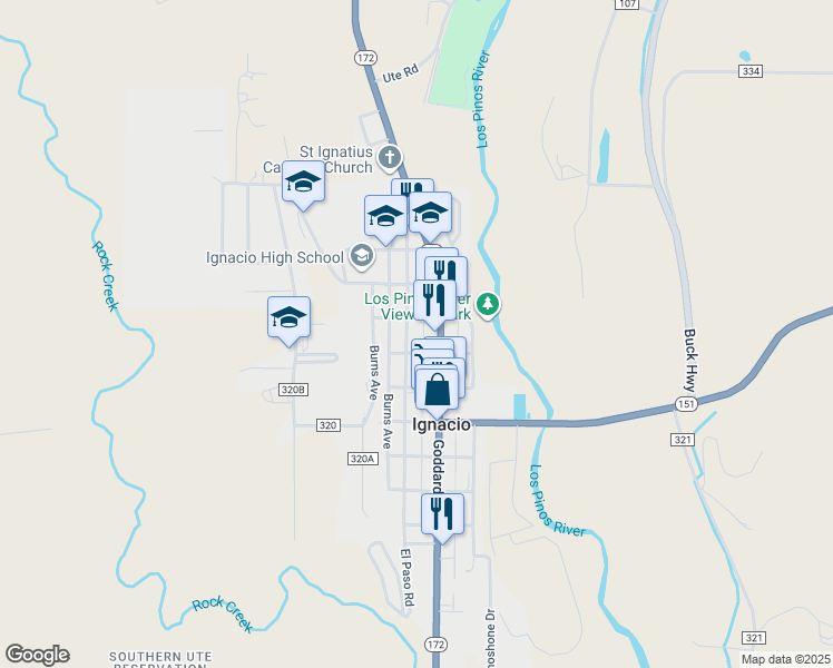 map of restaurants, bars, coffee shops, grocery stores, and more near 255 Lampert Street in Ignacio