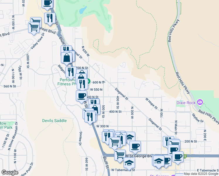 map of restaurants, bars, coffee shops, grocery stores, and more near 546 500 West Street in St. George