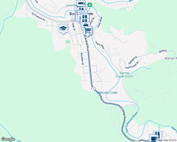 map of restaurants, bars, coffee shops, grocery stores, and more near 121 Grove Street in Boulder Creek