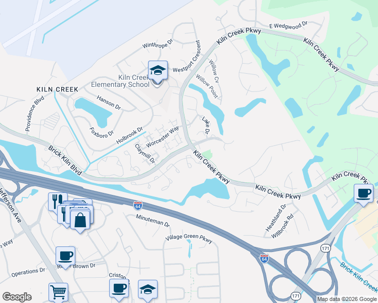 map of restaurants, bars, coffee shops, grocery stores, and more near 843 Lancaster Lane in Newport News