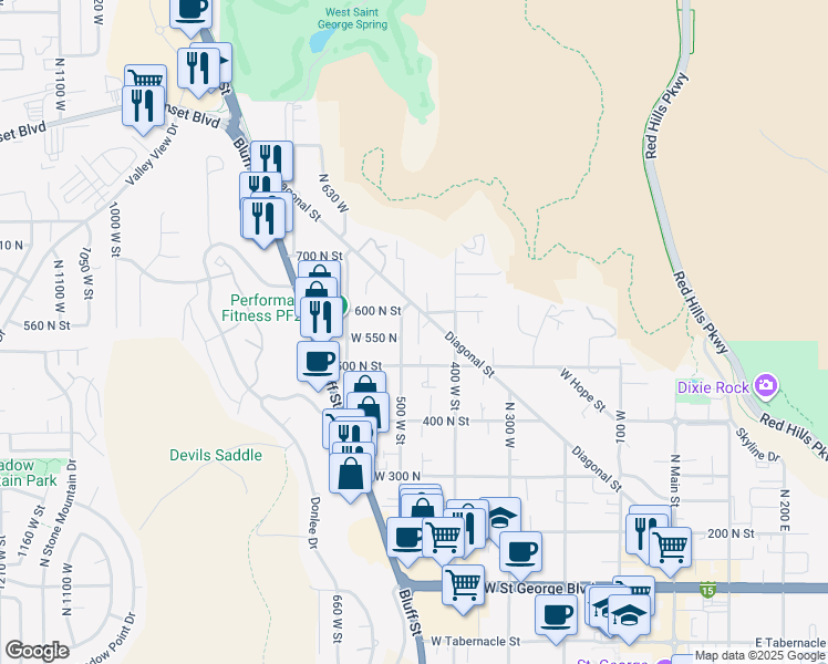 map of restaurants, bars, coffee shops, grocery stores, and more near 485 Diagonal Street in St. George