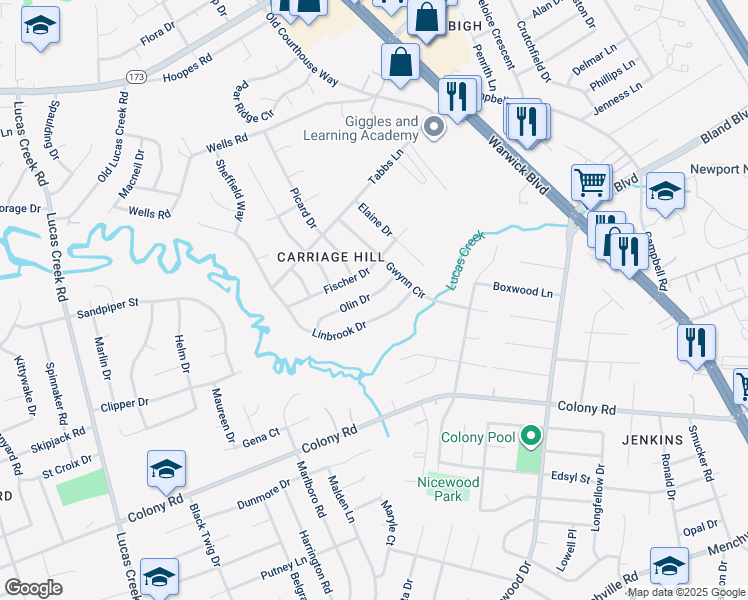 map of restaurants, bars, coffee shops, grocery stores, and more near 111 Olin Drive in Newport News