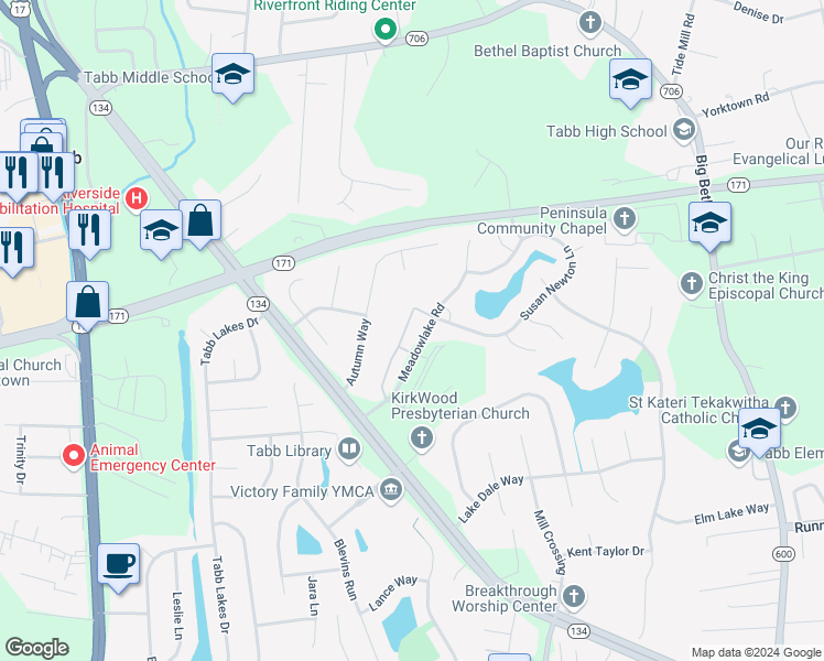 map of restaurants, bars, coffee shops, grocery stores, and more near 110 Heather Way in Yorktown