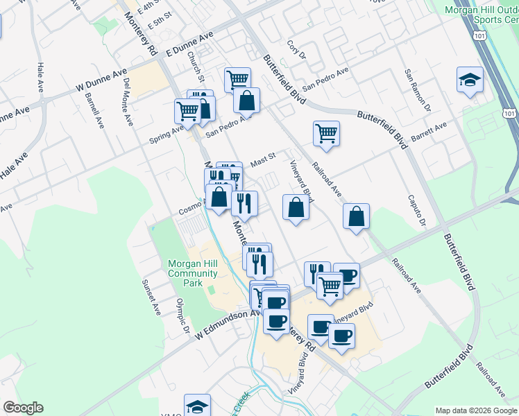 map of restaurants, bars, coffee shops, grocery stores, and more near 16325 Barrett Avenue in Morgan Hill