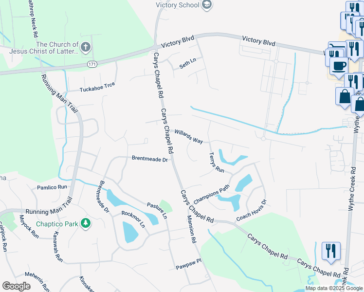 map of restaurants, bars, coffee shops, grocery stores, and more near 104 Zanca Turn in Yorktown