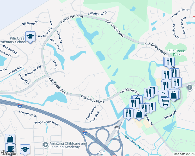 map of restaurants, bars, coffee shops, grocery stores, and more near 807 Vantage Court in Newport News